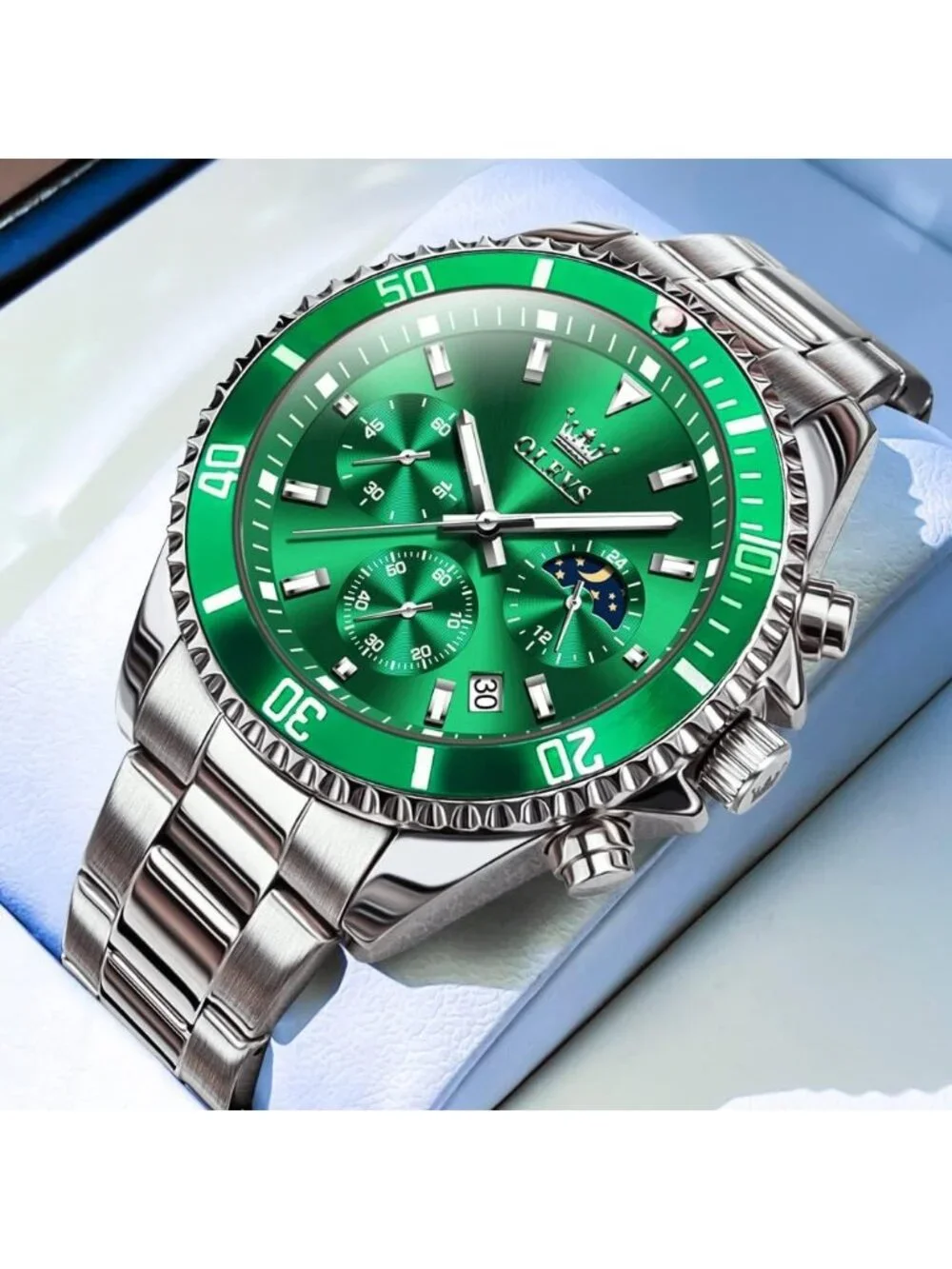Men's Green Premium Silver Stainless Analog Rotatable Bezel Round Steel Watch